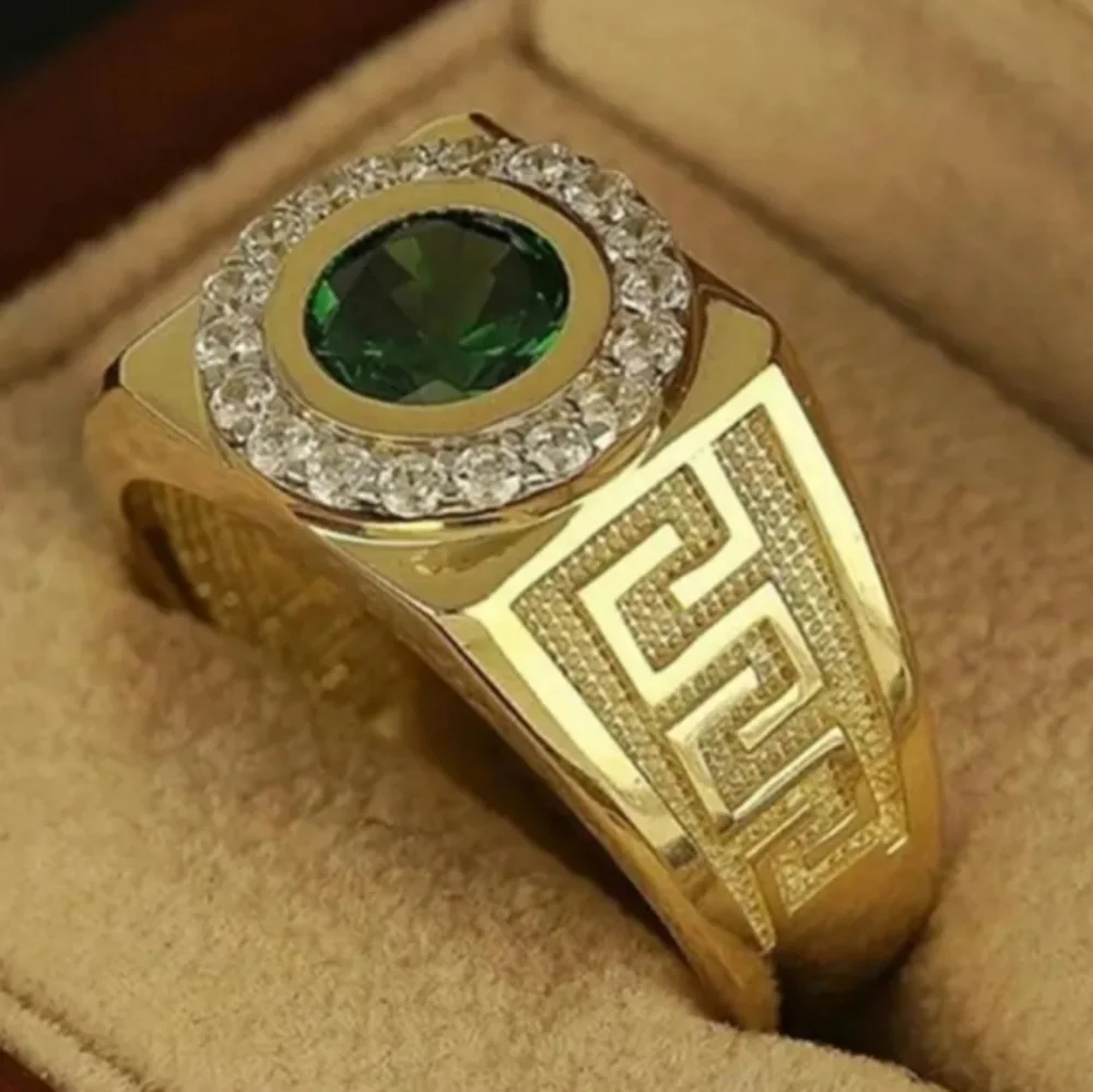 Mens Gold Ring with Green Gemstone Sz7